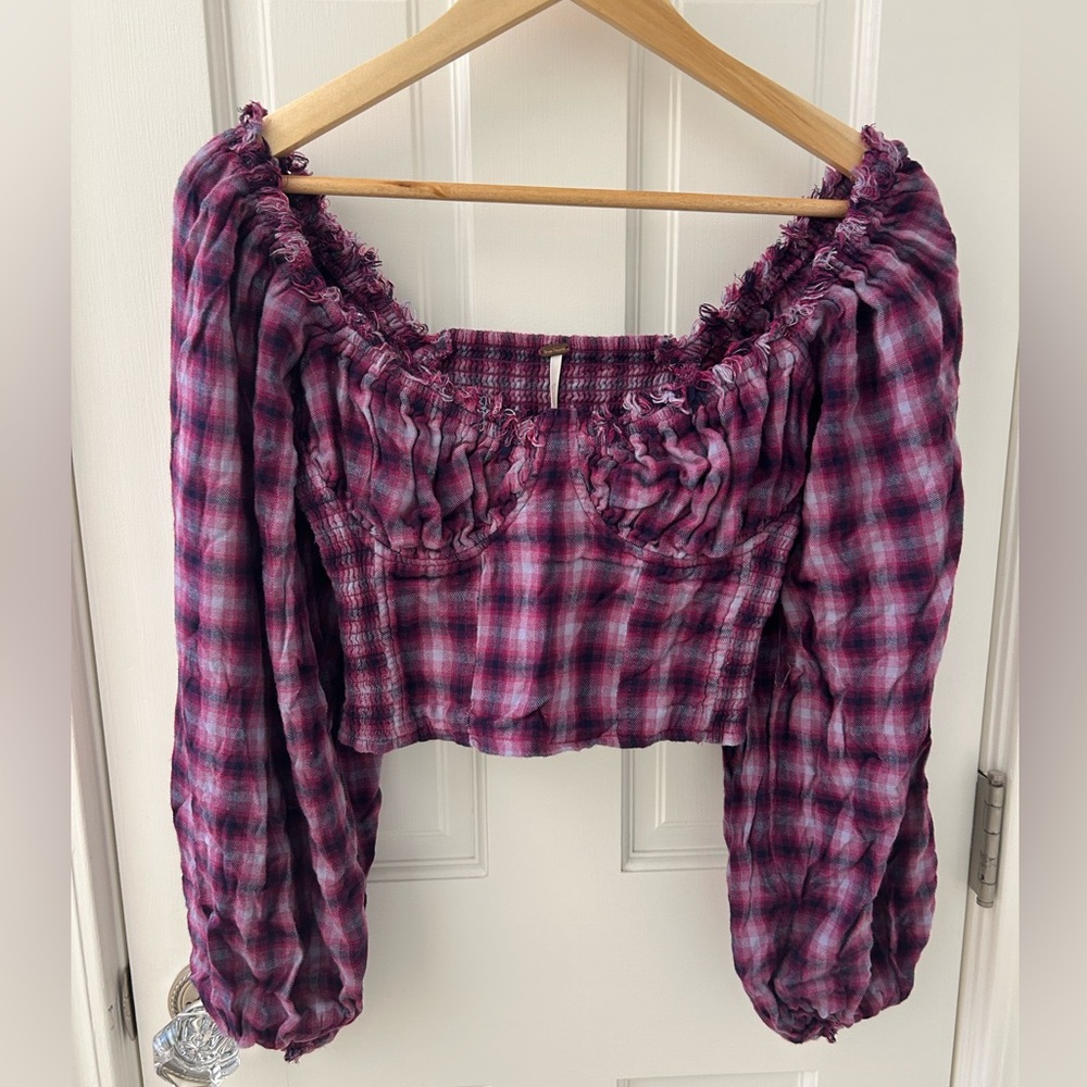 Free People Cherry Bomb Plaid Blouse Long Sleeve Pink Purple Boho Off Shoulder S